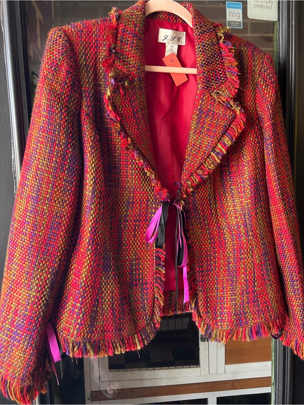Red Multi-Color Bouclé Fringed Jacket by J.P.C. Size 10